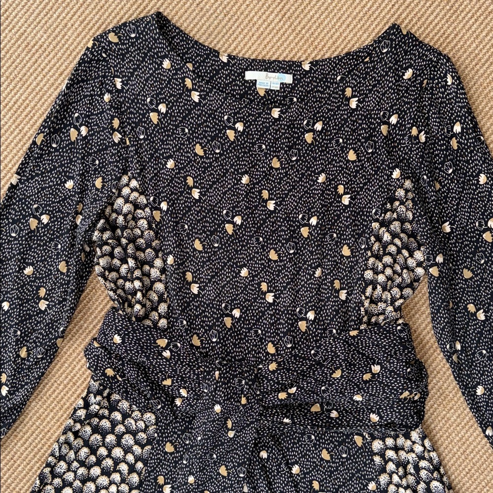 Boden Midi Dress with Black & Tan Print & Wrap Belt Sz 14 - Picture 3 of 7